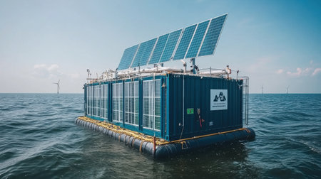 Floating container house with solar panels generates renewable energy in the ocean, showcasing sustainable living and offshore housing solutions near an offshore wind farm. Generative aiの素材