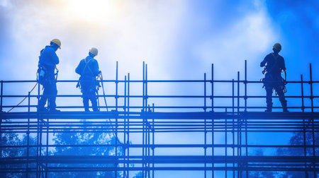 Silhouetted construction workers wearing safety harnesses and helmets are walking on scaffolding against a vibrant blue and orange sunset sky. Generative aiの素材