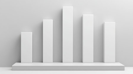 Five increasing white graph bars are standing on a podium, representing growth, success, and progress in a simple yet effective visual metaphor. Generative aiの素材