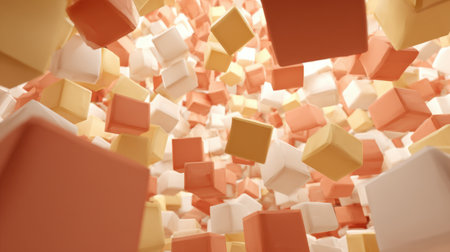 Numerous pastel-colored cubes float freely in space, creating a dynamic and visually appealing abstract composition, illuminated by a soft, warm light. Generative aiの素材