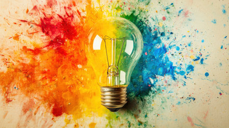 Light bulb illuminating a vibrant, colorful painted background, representing the power of creative thinking and innovative ideas. Generative aiの素材