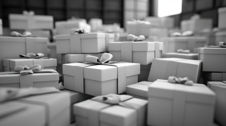 Numerous white gift boxes, adorned with ribbons, are stacked and scattered within a warehouse setting, creating a sense of anticipation and abundance. Generative aiの素材