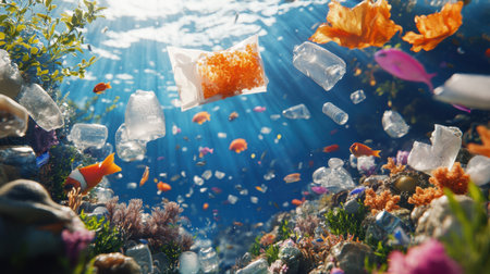 Plastic bottles, bags, and packaging floating above a coral reef, polluting the ocean and endangering marine life, highlighting the global plastic pollution crisis. Generative aiの素材