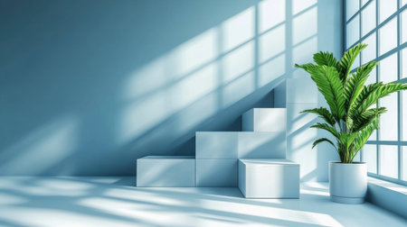 Sunlight illuminating white pedestal displaying products with plant near window in blue room creates serene atmosphere for showcasing merchandise. Generative aiの素材