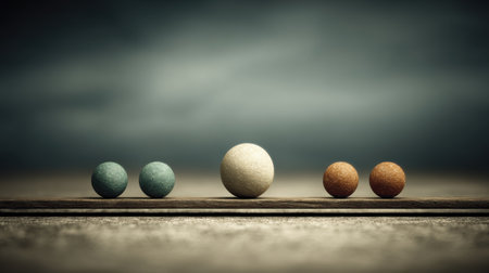 Five colorful spheres of varying sizes and textures are balancing on a weathered wooden plank against a moody, surreal backdrop, creating a sense of mystery and intrigue. Generative aiの素材