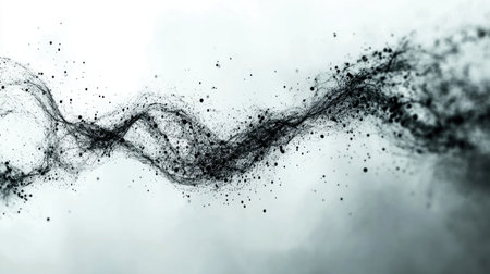 Dark particles are floating and swirling, creating a dynamic wave pattern against a light backdrop, suggesting concepts of energy, movement, and digital art. Generative aiの素材