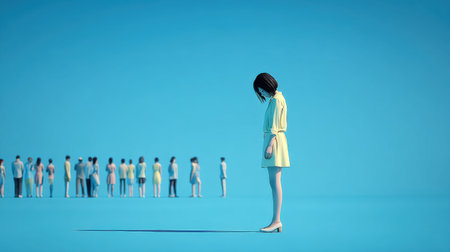 Sad, lonely young woman standing apart from a distant group, facing away with her head bowed, embodying feelings of isolation and depression against a minimal blue background. Generative aiの素材