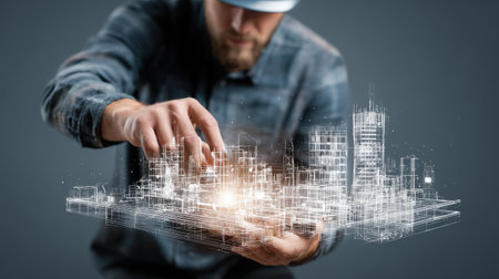 Architect wearing a hardhat interacts with a holographic projection of a city model, utilizing augmented reality technology to visualize and manipulate the design. Generative aiの素材