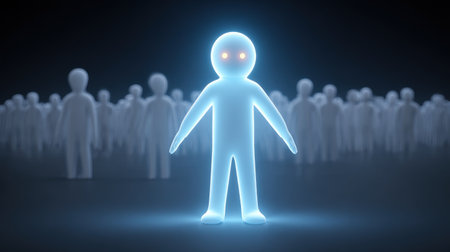 Glowing human figure with bright eyes is standing out from a crowd of other human figures in a dark room, representing concepts of leadership, individuality, and being unique. Generative aiの素材