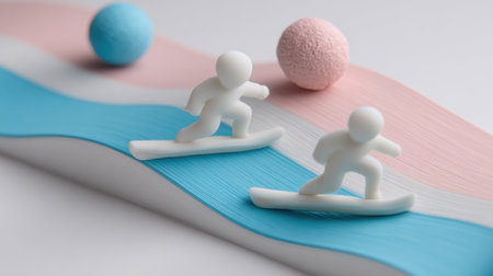 Two white figurines are snowboarding down pastel-coloured slopes, embodying winter sports and leisure activities in a miniature, stylized setting. Generative aiの素材