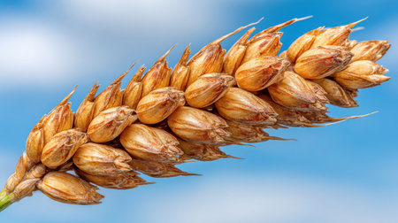Close-up view of ripe wheat grains thriving in a field under a clear blue sky, representing the essence of harvest, agriculture, and sustainable food production. Generative aiの素材