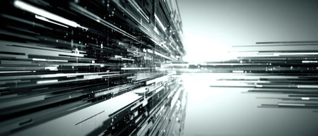 Abstract technology background showing fast moving data flowing through space with light trails representing speed and progress in information technology. Generative aiの素材