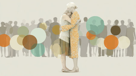 Two women are embracing in front of a crowd of people, with colorful, translucent circles overlaid on the scene, conveying a sense of connection, community, or perhaps social networking. Generative aiの素材