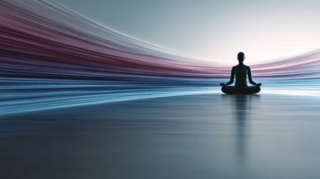 Silhouette of a person meditating in a lotus position amidst a vibrant, flowing energy field, symbolizing mindfulness, inner peace, and spiritual connection. Generative aiの素材