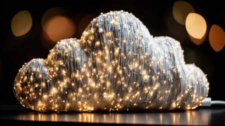 Warm white fairy lights woven into a cloud shaped lamp create a cozy and magical ambiance in a dark room, enhanced by a soft bokeh effect in the background. Generative aiの素材