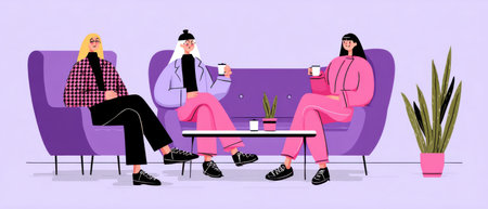 Three female friends are sitting on a comfortable sofa and armchair, drinking coffee, talking, and enjoying their time together in a modern cafe with purple background. Generative aiの素材