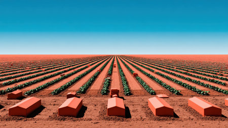 Long rows of vibrant green crops thrive in the middle of a desert landscape, demonstrating innovative farming techniques for sustainable agriculture. Generative aiの素材