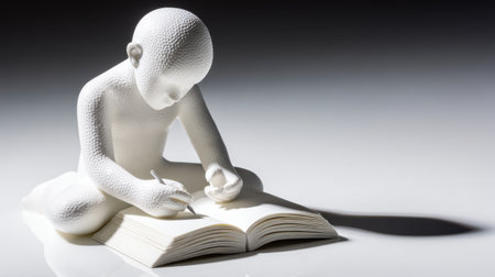 White porcelain child figurine carefully writing on a blank book with a pencil, symbolizing learning, creativity, and the power of stories. Generative aiの素材