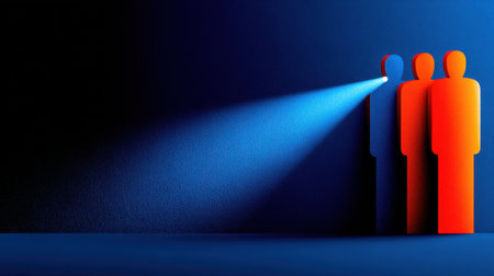 Light beam is illuminating one person in a group of three people figures, creating a concept about being chosen, uniqueness, and standing out from the crowd. Generative aiの素材