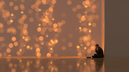 Businessman is sitting on the floor and working with laptop in empty room with bokeh lights and reflections, creating a peaceful and contemplative atmosphere. Generative aiの素材