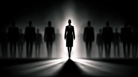 Businesswoman walking towards light source with businessmen walking in the darkness in the background, concept of leadership, courage and vision. Generative aiの素材