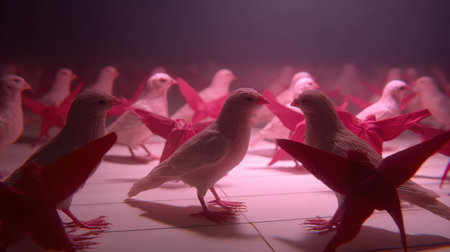 White bird figurines stand among pink origami cranes in a gridded pink-lit art installation, creating a surreal and evocative scene. Generative aiの素材