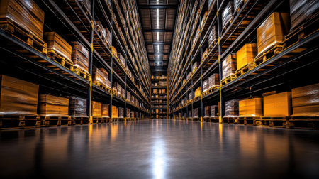 Countless cardboard boxes wrapped in plastic sit neatly stacked on pallets, filling the shelves of a large, modern warehouse with high ceilings and polished concrete floors. Generative aiの素材
