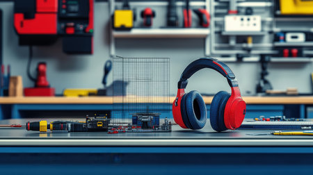 Red and black headphones resting on a workbench beside a wireframe speaker model and electronic components highlight audio design. Generative aiの素材