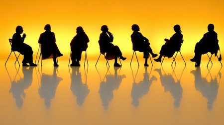 Seven businesspeople are sitting on chairs, talking and gesturing during a conference, silhouetted against a bright yellow background, creating reflections on the shiny floor. Generative aiの素材