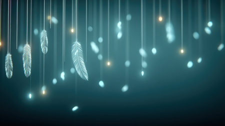 Light feathers are hanging on strings with small lights and bokeh effect on a teal background, creating a soft and dreamy atmosphere. Generative aiの素材