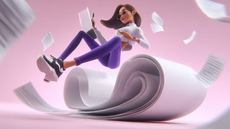 Cartoon businesswoman using tablet and stylus, relaxed and sitting on large roll of paper, with many documents flying around her, suggesting a busy and productive workflow. Generative aiの素材