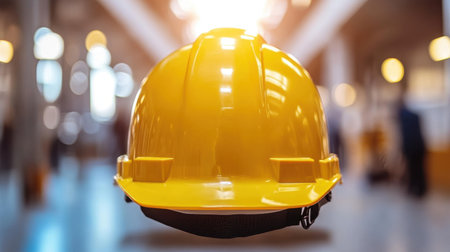 Yellow safety helmet floating in a blurred industrial environment, symbolizing workplace safety and protection for construction workers. Generative aiの素材