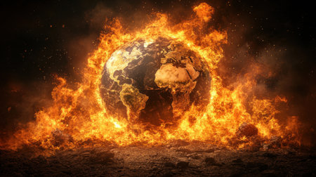 Planet earth burning in a dramatic scene of global warming, engulfed in flames and surrounded by dark smoke, illustrating the severe impacts of climate change. Generative aiの素材