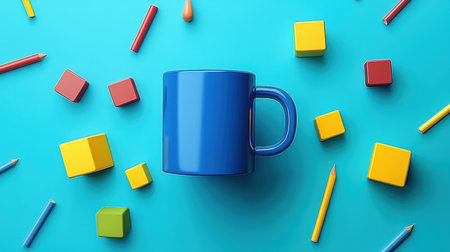 Vibrant blue mug surrounded by colorful cubes and pencils on a striking turquoise backdrop creates a playful visual arrangement. Generative aiの素材