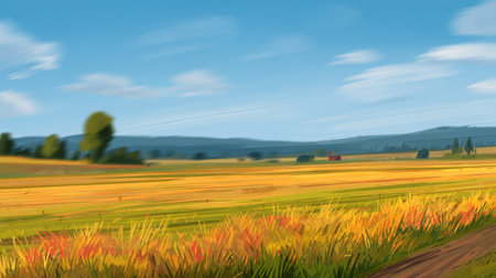 Beautiful impressionist painting depicting a golden field landscape with a blue sky, fluffy clouds, and a small red barn in the distance, evoking a sense of peace and tranquility. Generative aiの素材