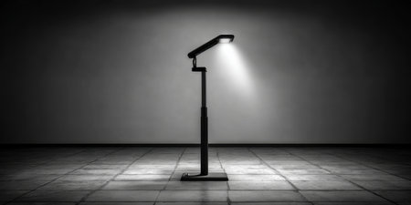 Modern adjustable floor lamp with led light illuminating empty room with tiled floor, creating a dramatic and stylish atmosphere, perfect for interior design or home decor projects. Generative aiの素材