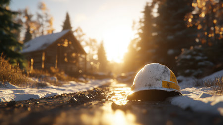 Dirty and abandoned hard hat lies on a snowy path near a wooden cabin at sunset, creating a poignant scene of halted work or unexpected absence. Generative aiの素材