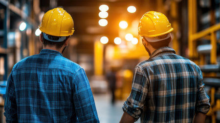 Two industrial engineers wearing yellow hardhats walking through a warehouse, inspecting machinery and ensuring smooth operation of manufacturing process. Generative aiの素材
