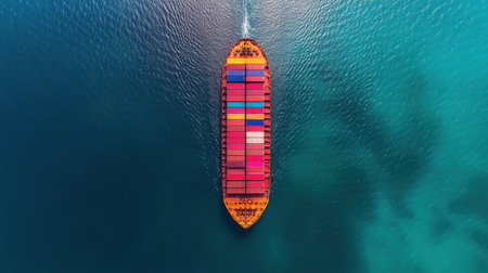 Large container ship carrying colorful cargo containers cruising across the deep blue ocean on a sunny day, aerial top-down view. Generative aiの素材