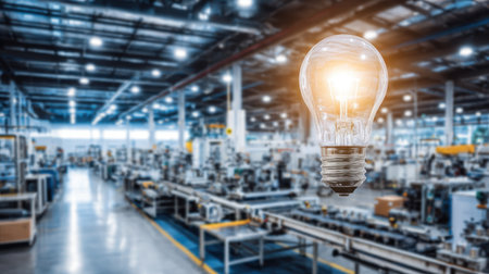 Brightly lit light bulb hanging in the foreground symbolizes innovative ideas and solutions within a blurred modern manufacturing factory, emphasizing creativity and technology. Generative aiの素材