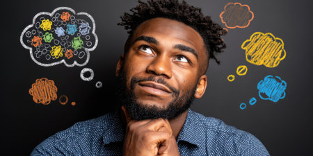 Young businessman contemplating ideas, surrounded by vibrant thought bubbles sketched on a blackboard, illustrating creativity, strategy, and innovative solutions. Generative aiの素材
