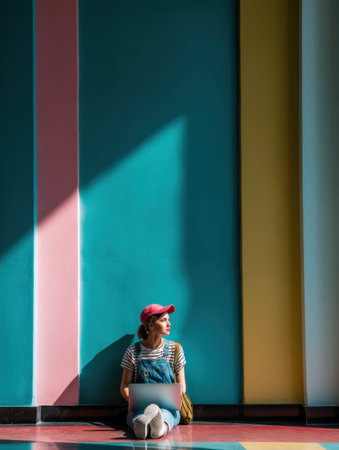 Young student with pink cap and denim overalls is using laptop sitting on floor in colorful corridor and looking away, sunlight creating shadows. Generative aiの素材