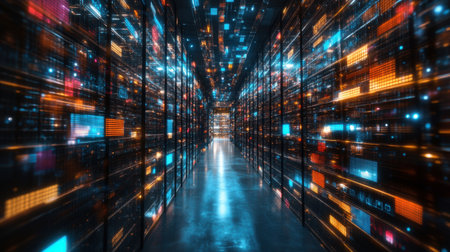 Futuristic server room data center corridor processing information with glowing lights and reflections on the floor, creating a high-tech atmosphere. Generative aiの素材