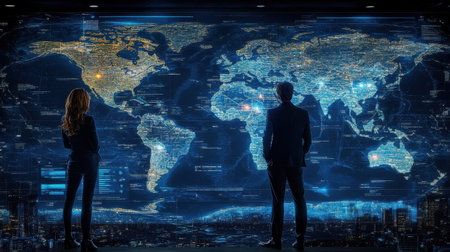 Two businesspeople are analyzing global network data displayed on a futuristic digital world map, visualizing connections, trends, and opportunities in a technologically advanced setting. Generative aの素材
