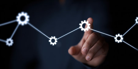 Businessman is touching a gear in a network of interconnected gears, symbolizing management, workflow, and automation in a technological business context. Generative aiの素材