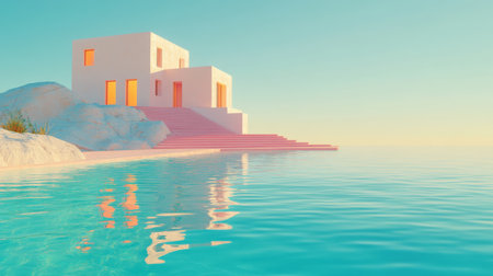 Warm evening light illuminates a luxurious white minimalist house with a pink staircase leading to the tranquil turquoise water, creating a serene and inviting coastal scene. Generative aiの素材