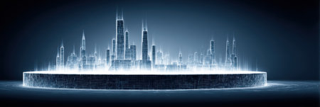 Glowing digital city rising on a circular technological platform, embodying concepts of innovation, smart cities, and advanced future technologies within an urban landscape. Generative aiの素材