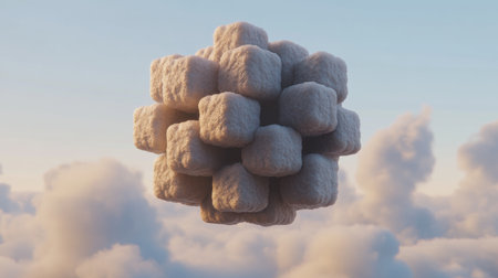Many textured cubes are forming a geometric sphere floating in a cloudy sky during a beautiful sunset, creating an otherworldly atmosphere. Generative aiの素材