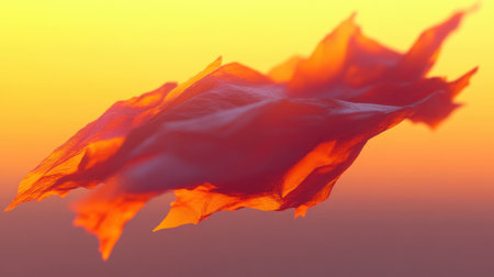 Abstract orange fabric with wavy folds is floating in a vibrant golden hour sky, creating a surreal and artistic composition. Generative aiの素材