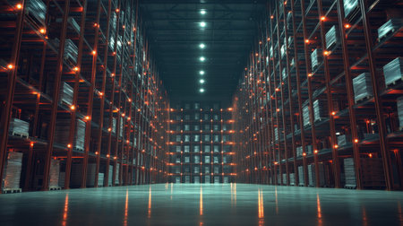 Large industrial warehouse interior showing goods stored on shelves with orange lights reflecting on the polished concrete floor. Generative aiの素材